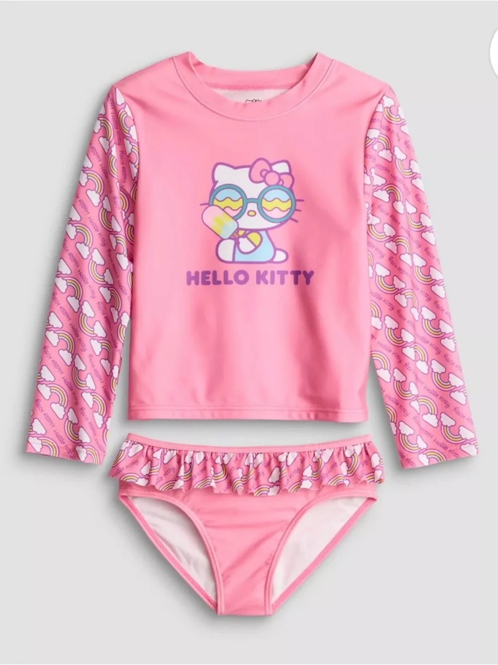 NWT Hello Kitty Sanrio Pink Long-Sleeve Rashguard Two-Piece Swimsuit Size 6 / 6X